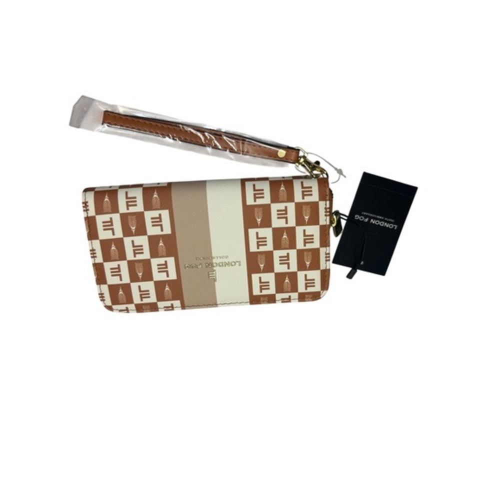 London Fog Adalia Signature Zip Around Wallet Brown White Checkered Wristlet NEW